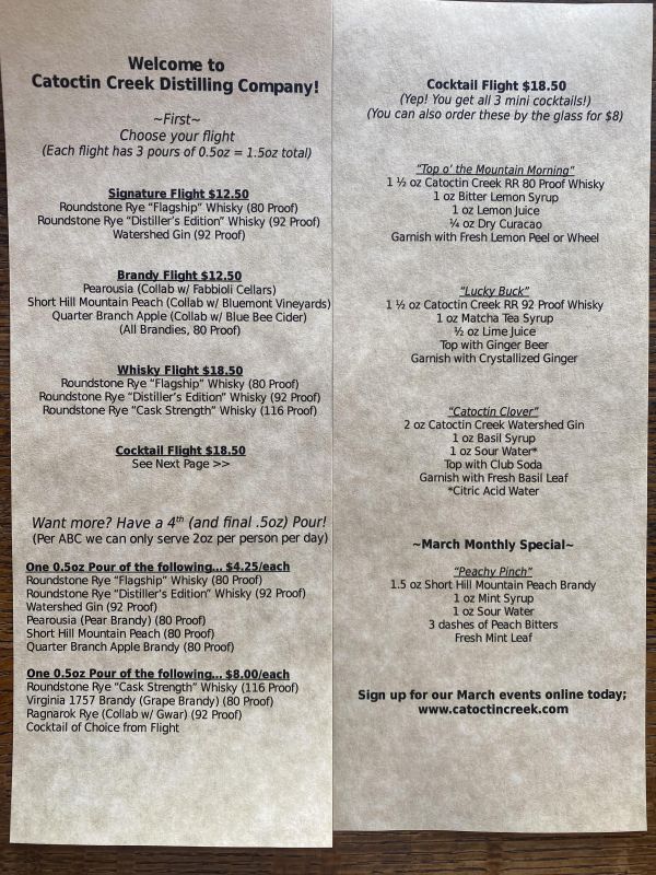 Monthly cocktail menu at Catoctin Creek